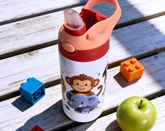 Kids Animal Tumbler 12oz – Monkey Elephant Cartoon Stainless Steel Insulated Spill Proof Cup