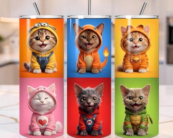 Kawaii Cat Tumbler Wrap PNG | Hoodie Cat Characters Sublimation Design (Digital Download)