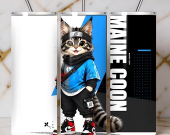 Maine Coon Cat Tumbler Wrap PNG | Anime Cat Streetwear Design | Cute Cat Warrior Sublimation Wrap | 20oz Skinny Tumbler