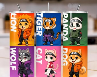 Chibi Ninja Animal Tumbler Wrap PNG | Anime Warrior Animals Sublimation Design (Digital Download)