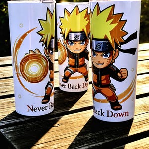 Chibi Ninja Anime Tumbler 20oz – Never Back Down Quote Cup, Anime Style Stainless Steel Tumbler