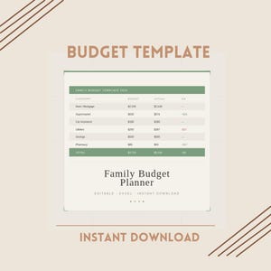 May include: A beige digital template titled "Budget Template" with the text "Family Budget Planner" and "Instant Download." The template includes a table with budget categories, budget amounts, actual amounts, and differences.