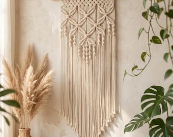 Boho Macrame Wall Hanging Tapestry – Cotton Blend Fringe Wall Art, Large Handmade Style Woven Decor for Bedroom Living Room