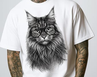 Realistic Maine Coon Cat Portrait T-Shirt | Detailed Black Ink Cat Face, Maine Coon Cat T-Shirt, Cute Maine Coon Gift, Funny Cat Lover Shirt