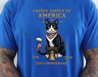 Tuxedo Cat 4th of July Shirt, USA 250th Anniversary T-Shirt, Patriotic Cat Lover Gift, United States Semisquicentennial Tee