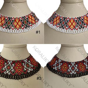 May include: Four beaded choker necklaces with detailed patterns. The chokers feature red, orange, black, white, and green beads. Each necklace is displayed on a mannequin head. The necklaces are labelled #1, #2, #3, and #4.