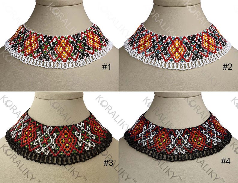 May include: Four beaded choker necklaces with detailed patterns. The chokers feature red, orange, black, white, and green beads. Each necklace is displayed on a mannequin head. The necklaces are labelled #1, #2, #3, and #4.