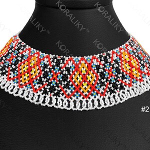 May include: A colourful beaded choker necklace with a geometric pattern. The necklace features red, yellow, blue, and black beads on a white beaded base. The necklace is displayed on a black mannequin.