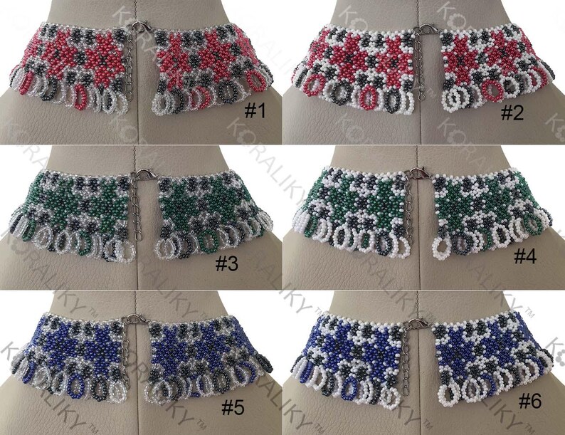 May include: Six beaded necklaces with different colored patterns. Each necklace has a silver clasp and a fringe of white beads. The necklaces are numbered 1 through 6.