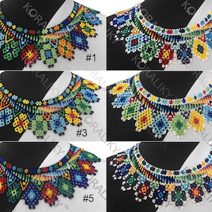 May include: Six colourful beaded necklaces with geometric patterns in shades of blue, green, yellow, red, and black. The necklaces are arranged in two rows of three, with each necklace labelled with a number from 1 to 6.