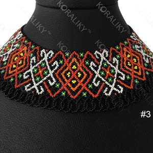 May include: A beaded choker necklace with a geometric pattern in orange, white, yellow, and green on a black background. The necklace is displayed on a black mannequin head. The word "KORALIKY" is visible.