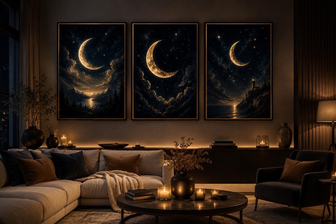 Night Sky Wall Art Set of 3, Celestial Moon Print Set, Dark Blue Starry ...