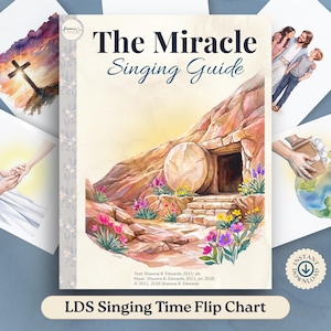 以下が含まれることがあります： 「The Miracle Singing Guide」フリップチャートは、石の墓の入り口と転がされた石の中央イラストが特徴で、色とりどりの花に囲まれています。周囲のページには、十字架、人物、地球儀を持つ手などの水彩画風のシーンが描かれています。