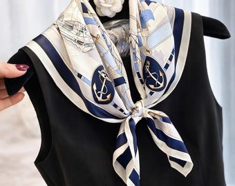 Elegant Silk Scarf for Women, Blue White Square Scarf, French Style Hair Scarf, Neck Scarf, Mother’s Day Gift for Mom, 26x26 Inch