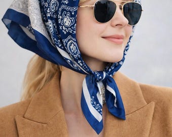 Velvet Scarf for Women, Blue Paisley Hair Scarf, French Chic Headscarf, Soft Neck Scarf, Elegant Gift for Her, 26x26 Inch