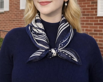 Velvet Scarf for Women, Blue White Hair Scarf, Minimalist Head Scarf, French Style Neck Scarf, Everyday Elegant Gift, 26x26 Inch