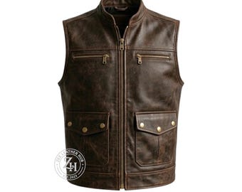 Men's Vintage Brown cowhide Leather Vest Biker Style Zip Up Casual Motorcycle Wear