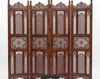 Chinioti Wooden Room Divider Sheesham Folding Screen Hand Carved Jaali Partition 4 Panel Privacy Screen Pakistani Furniture