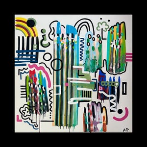 May include: Abstract painting on a white background with colorful shapes and lines. The artwork features a rainbow, vertical stripes, and various geometric forms in shades of blue, green, pink, and black. The artist's initials, "AP", are in the bottom right corner.