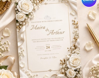 Puede incluir: Una tarjeta de invitación de boda color crema con rosas blancas, paniculata y perlas. El texto dice: Together with their families, Maira & Arthur, joyfully invite you to celebrate the beginning of their forever, Saturday 24 November 2026.