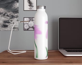 Rosa Aquarell Blumen dünne Wasserflasche | Floral Edelstahl Flasche