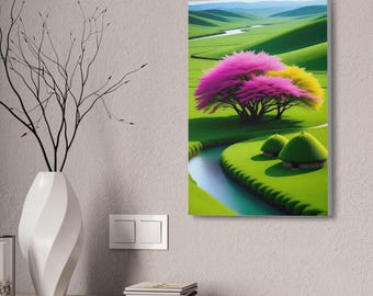 Rosa und Gelbe Baum Landschaft Leinwand Gespannt | Malerische Wandkunst