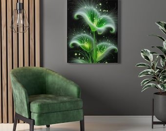 Leuchtende grüne Blumendruck gespannte Leinwand | Neon Botanische Wandkunst