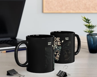 Ride & Die Skull Biker Helmet Mug | Black Ceramic Coffee Cup