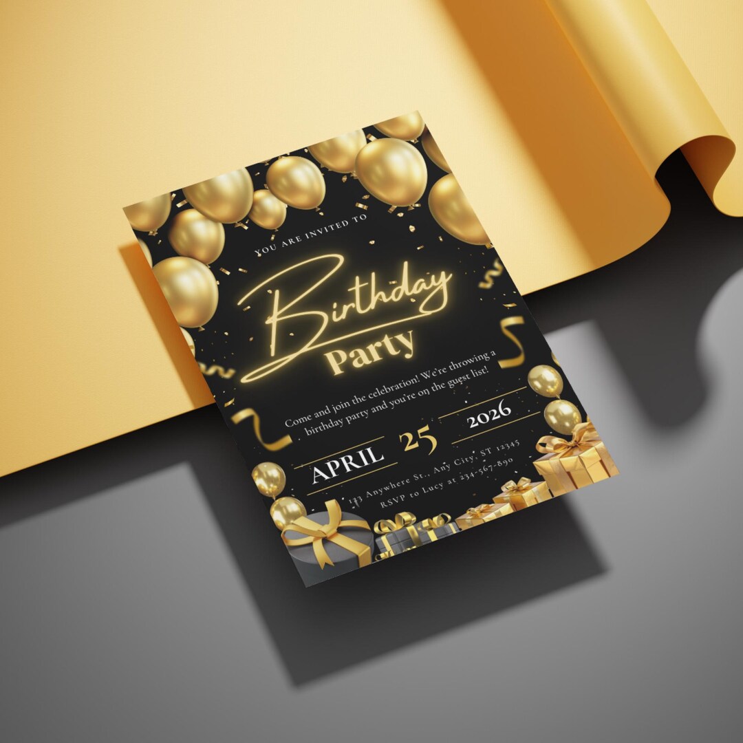 Elegant Black Gold Birthday Invitation Template, Adult Party Invite ...