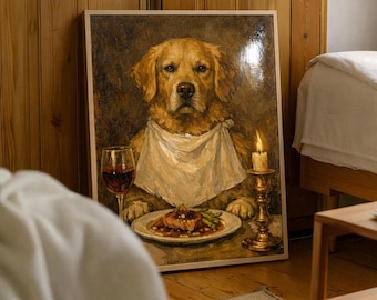 Skurril Golden Retriever Dinner Poster | Lustiger fein speisender Hund Kunst | Premium Matt Druck für Küche Esszimmer Papier Poster
