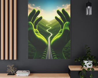 Green Hands Holding Winding Road Canvas | Landscape Wall Art