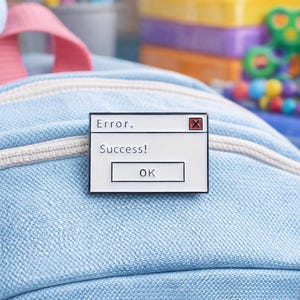 Könnte beinhalten: Ein weißer Emaille-Pin mit schwarzem Rand, geformt wie eine Computerfehlermeldung. Der Text lautet "Error. Success! OK" in Schwarz. Der Pin ist vor einem hellblauen Jeanshintergrund platziert.