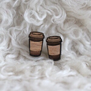 Wood laser cut earrings studs takeaway coffee latte cup image 2