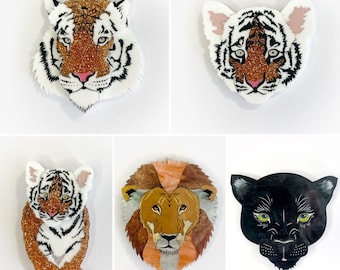 5 BROOCH BUNDLE - Big Cats Collection Tiger x3, Lion, Panther, Beautiful Animal Brooches