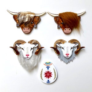 Aries Laser cut white acrylic and grey faux fur Norwegian ram sheep brooch star sign zodiac image 7