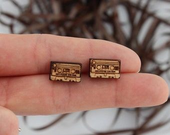 Wood laser cut earrings studs Retro cassette tape