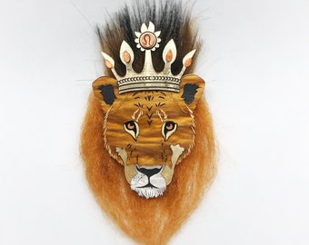 Leo "Aslan" with Faux fur Lion King of the Jungle Star Sign Horoscope Laser cut acrylic brooch