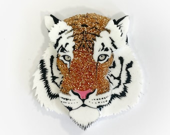 BIG CATS COLLECTION - Adult Tiger Face Brooch, Acrylic Glitter, Beautiful Animal Brooch - Handmade Lasercut Pin