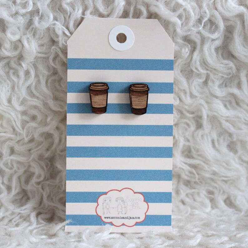 Wood laser cut earrings studs takeaway coffee latte cup image 3