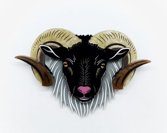 Aries Laser cut black acrylic and grey acrylic Norwegian ram sheep brooch star sign zodiac