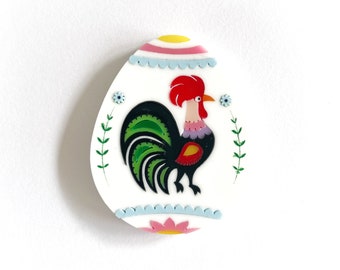 Polish Pisanka (Pisanki) Egg brooch - Rooster version - multi colour laser cut acrylic
