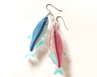 Pisces "Two Fish" Star Sign Horoscope Laser cut acrylic earrings dangle drop Pink and Blue