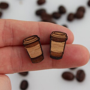 Wood laser cut earrings studs takeaway coffee latte cup image 5