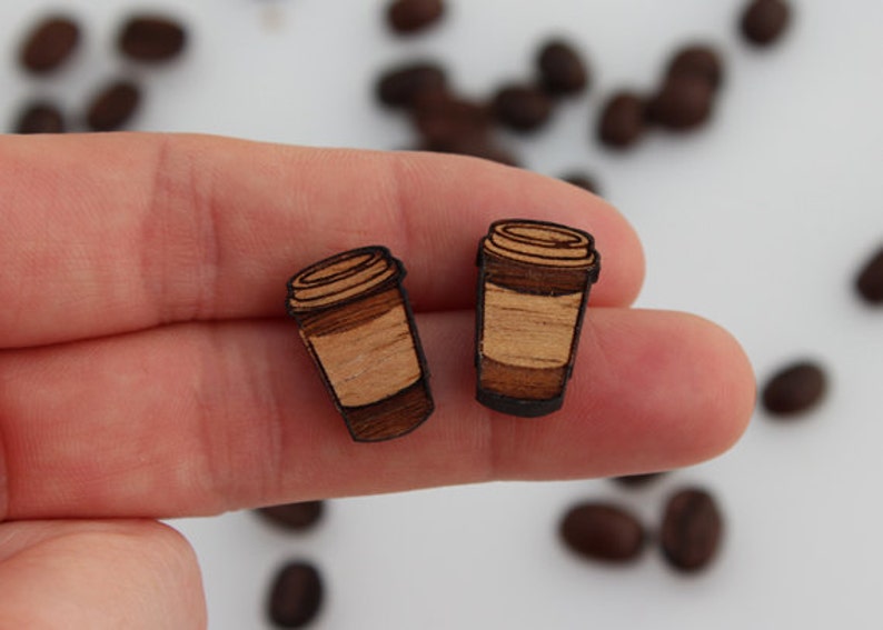 Wood laser cut earrings studs takeaway coffee latte cup image 5