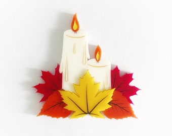 Candle surrounded by Autumn Leaves - Acrylic Brooch, Maple leaves