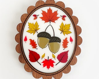 Autumn Cameo with Acorns and leaves - Acrylic Brooch (Standard White version)