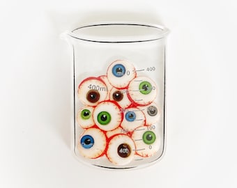 Bloody Green Blue and Brown Eyeballs in a Beaker brooch layered laser cut acrylic