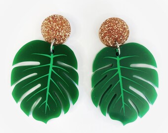 BIG CATS COLLECTION - Monstera Leaf Earrings, Acrylic Glitter, Beautiful Animal nature earrings - Handmade Lasercut Dangle