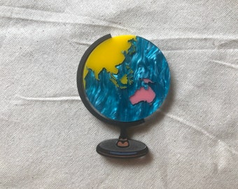 Pink, pearl blue and yellow world globe "Third Rock from the Sun" layered laser cut acrylic brooch