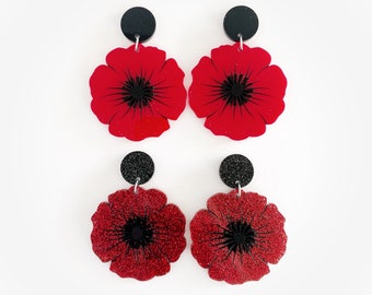 Remembrance Day Range - Poppy Dangle Earrings - Black Stud version - 2 different colours, Bright Red, Glitter Red